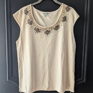 Coldwater Creek Beaded Scoop Neck Cap Sleeve Knit Top Beige Silk Blend Womens L